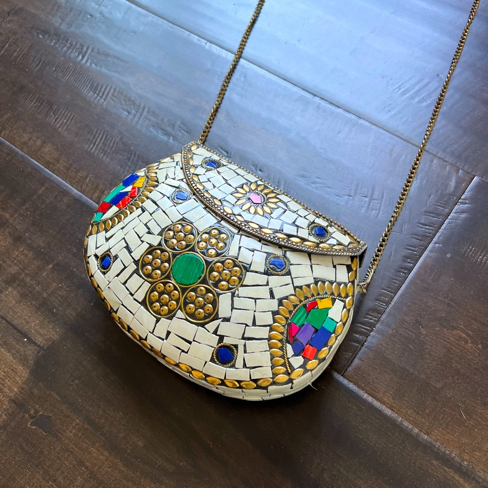 Multicolor Mosaic Metal with Gold Chain Strap Ethnic Clutch Boho Purse Bag